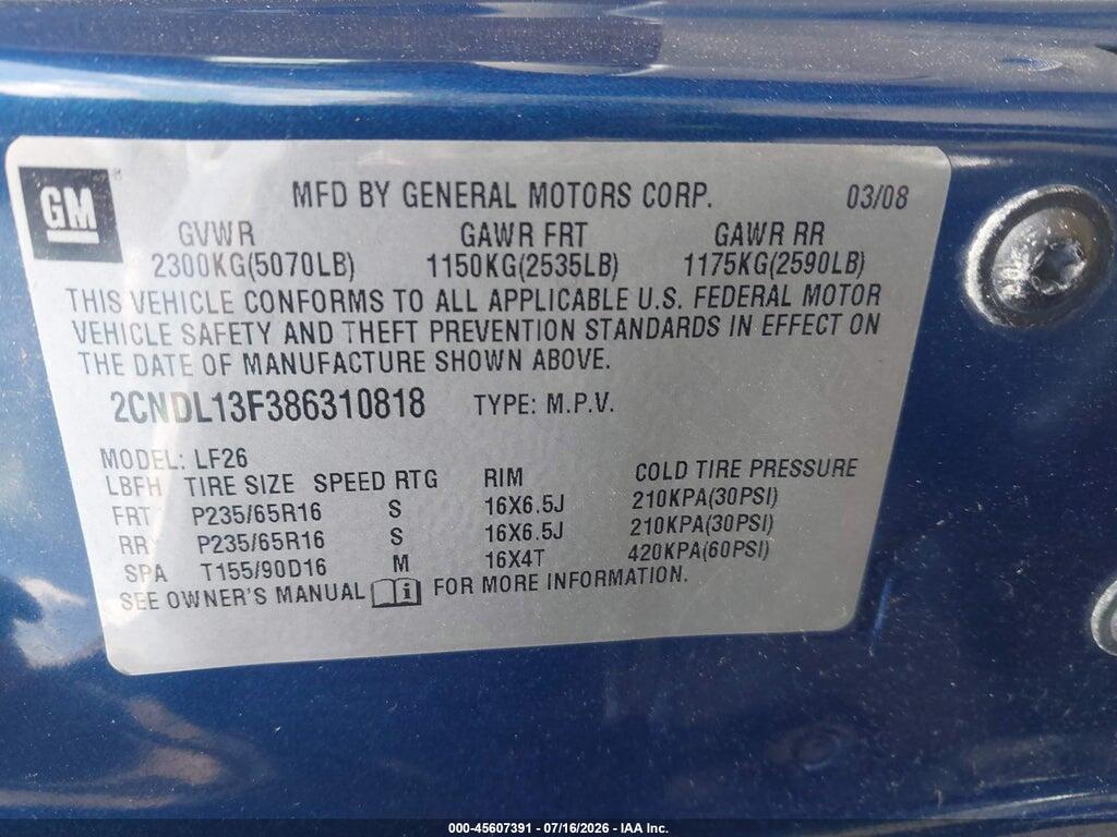 2CNDL13F386310818 2008 CHEVROLET EQUINOX photo no. 9