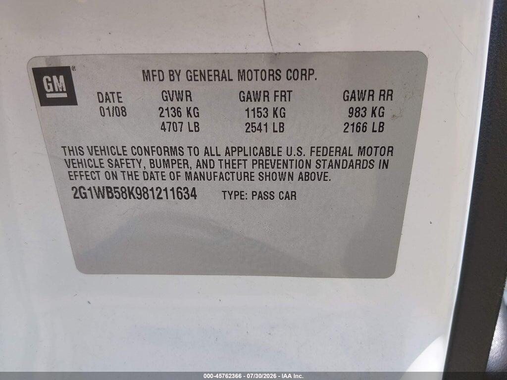 2G1WB58K981211634 2008 CHEVROLET IMPALA photo no. 9
