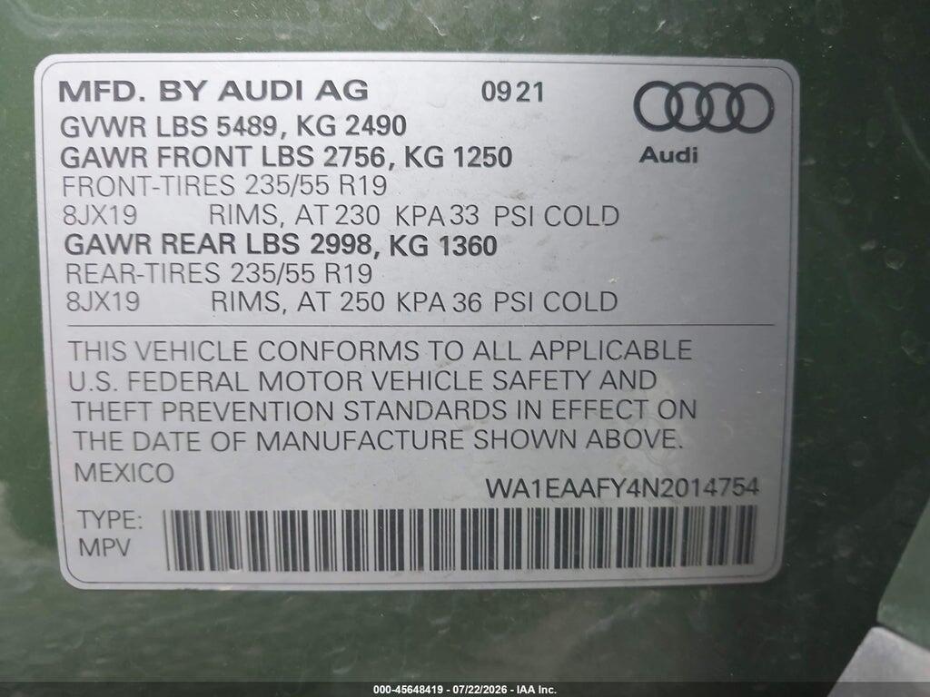WA1EAAFY4N2014754 2022 AUDI Q5 photo no. 9