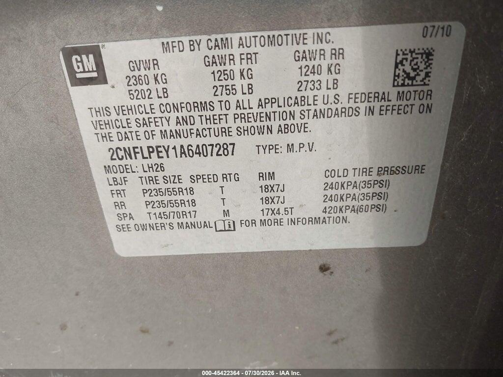 2CNFLPEY1A6407287 2010 CHEVROLET EQUINOX photo no. 9