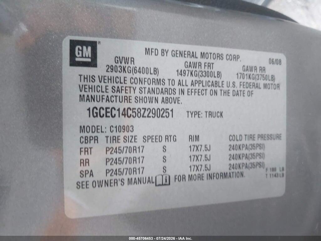 1GCEC14C58Z290251 2008 CHEVROLET SILVERADO 1500 photo no. 9