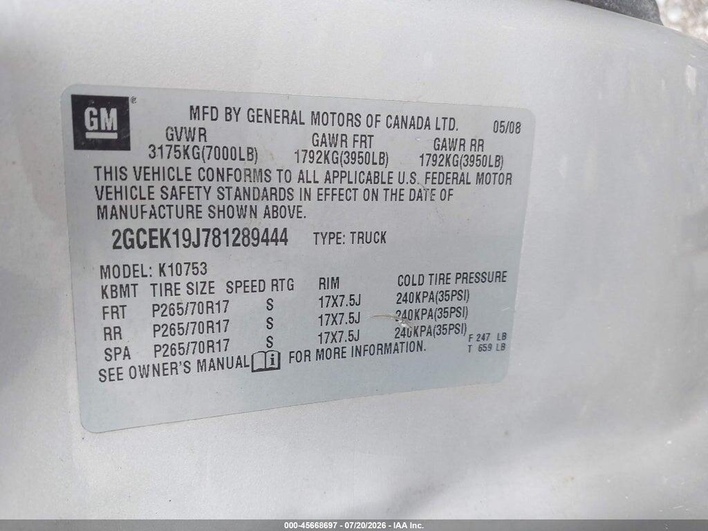 2GCEK19J781289444 2008 CHEVROLET SILVERADO 1500 photo no. 9