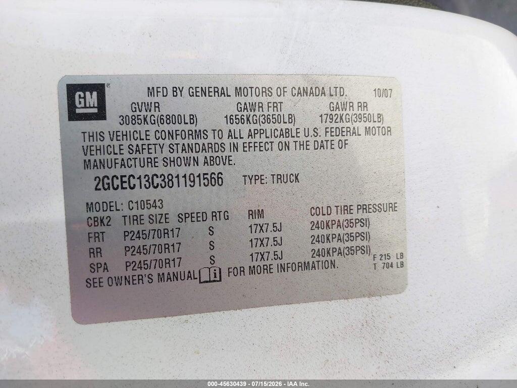 2GCEC13C381191566 2008 CHEVROLET SILVERADO 1500 photo no. 9