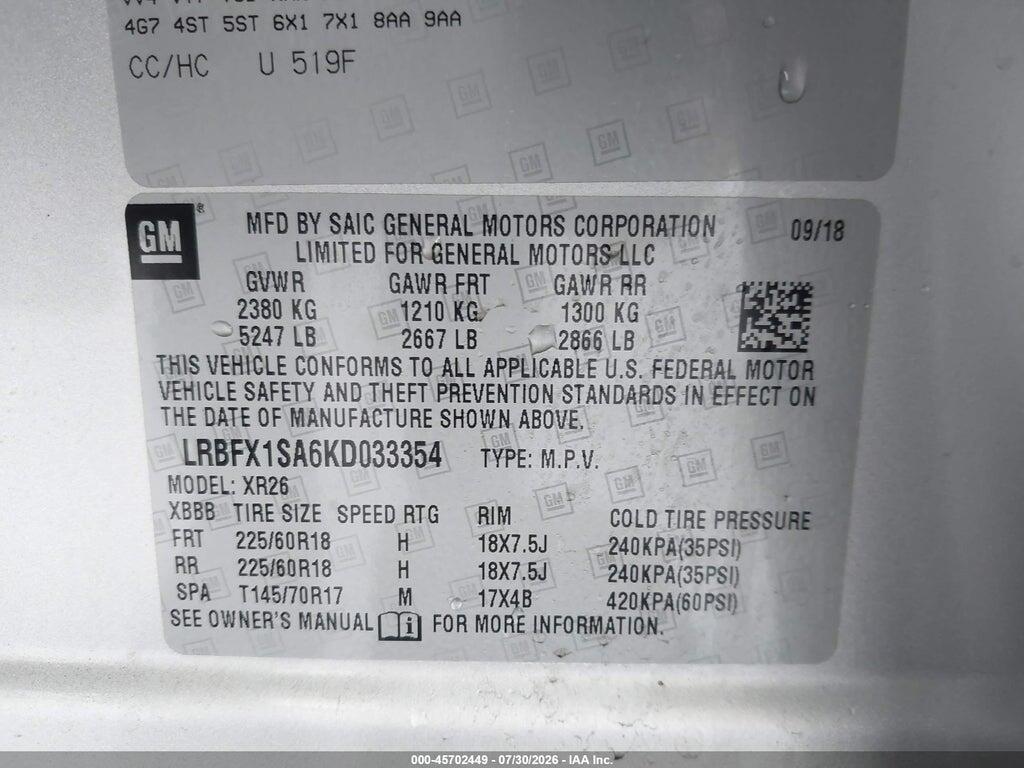 LRBFX1SA6KD033354 2019 BUICK ENVISION photo no. 9