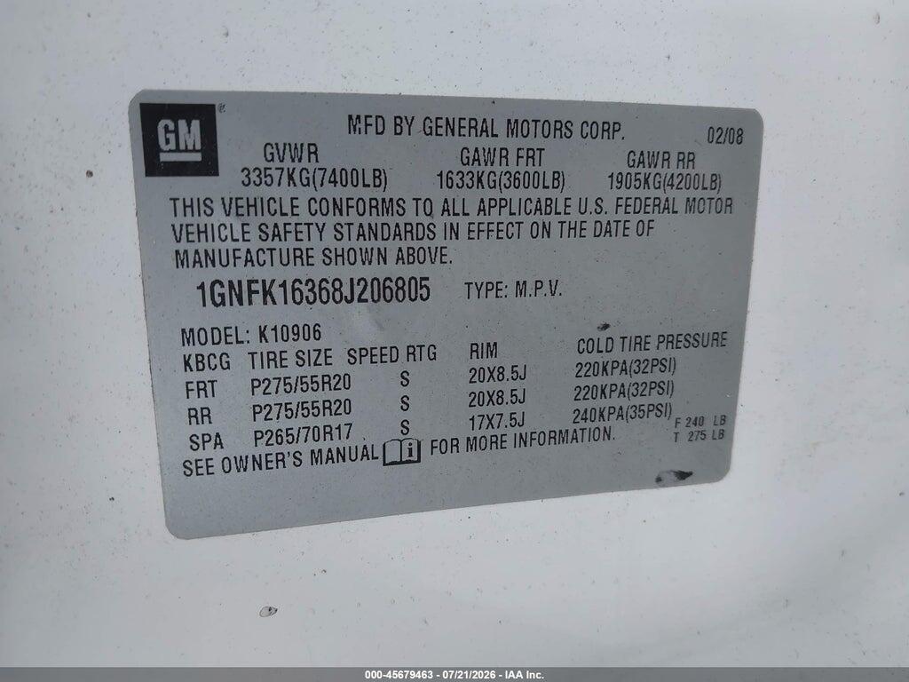 1GNFK16368J206805 2008 CHEVROLET SUBURBAN 1500 photo no. 9