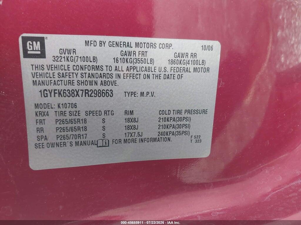 1GYFK638X7R298663 2007 CADILLAC ESCALADE photo no. 9