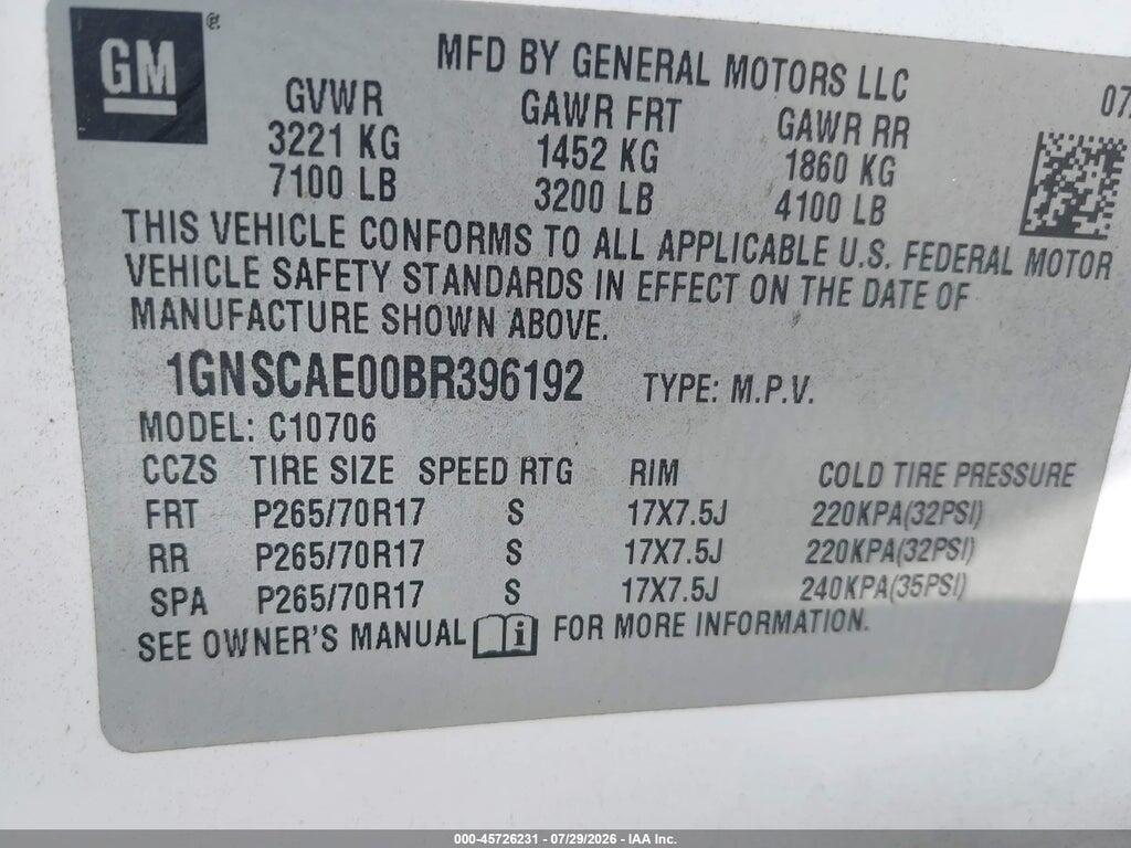 1GNSCAE00BR396192 2011 CHEVROLET TAHOE photo no. 9