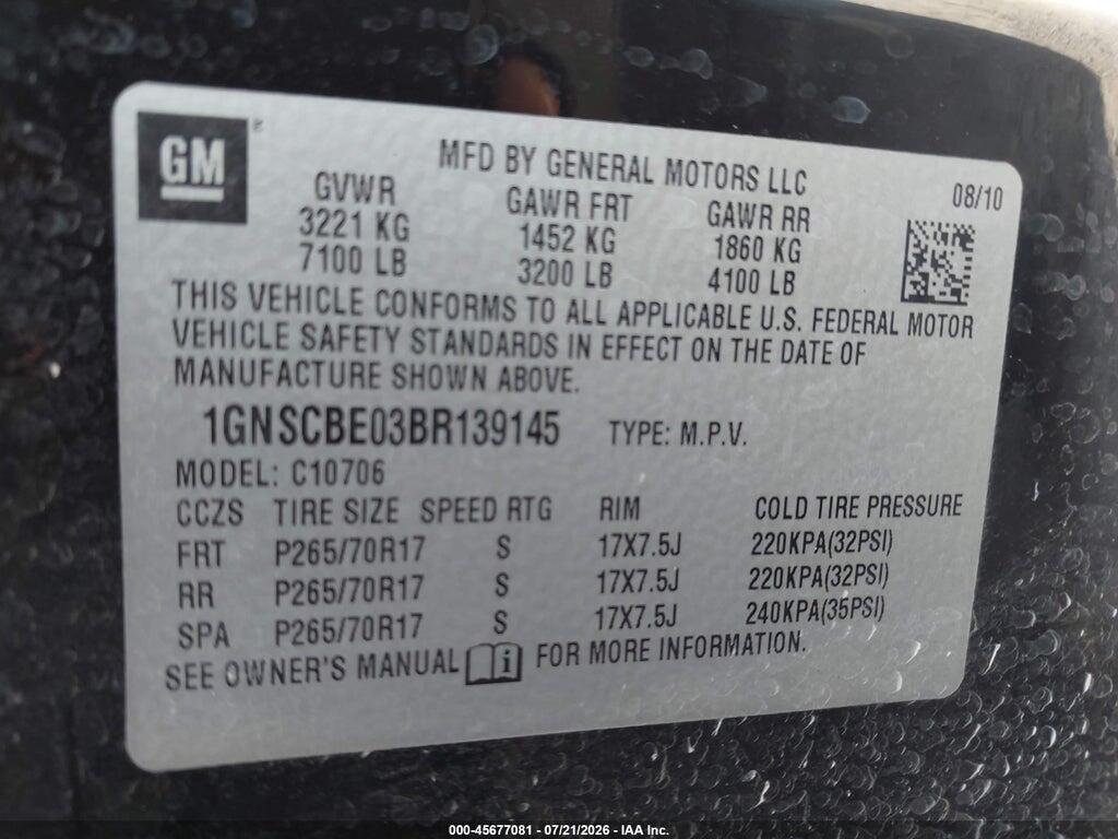 1GNSCBE03BR139145 2011 CHEVROLET TAHOE photo no. 9