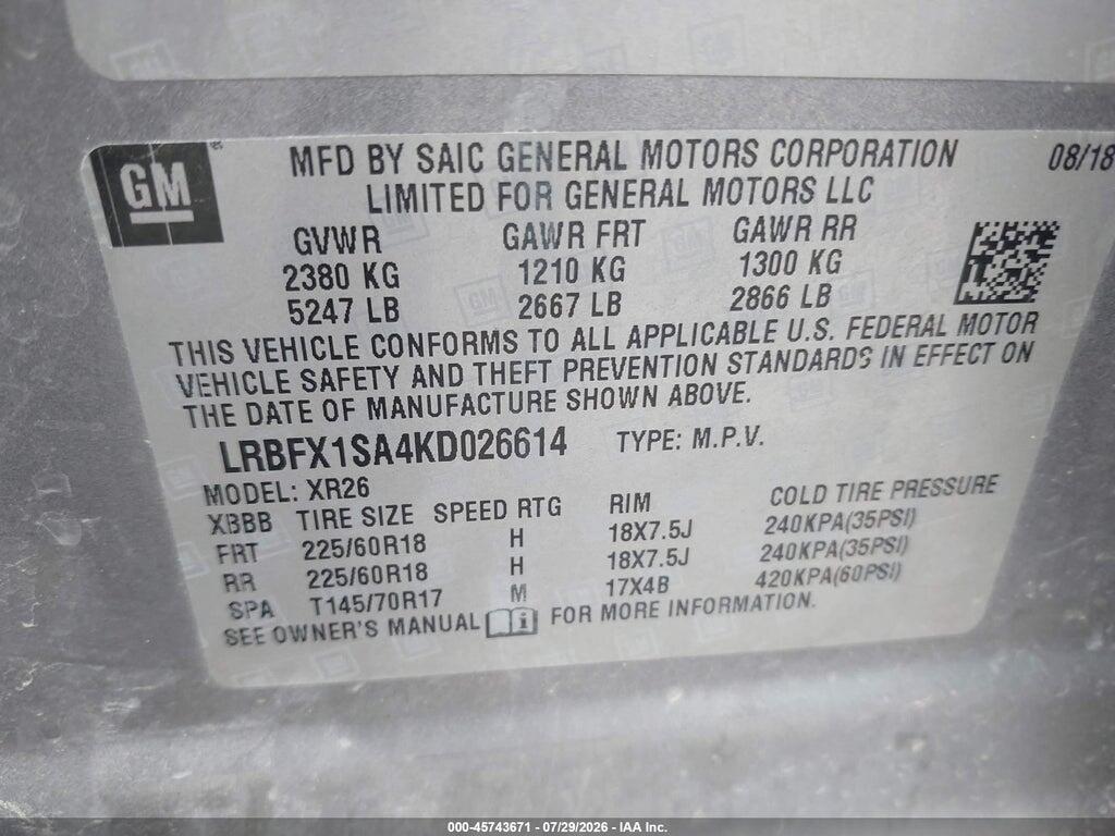 LRBFX1SA4KD026614 2019 BUICK ENVISION photo no. 9