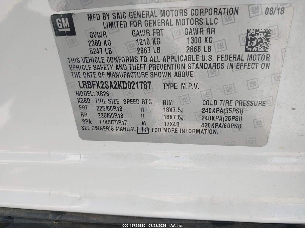 LRBFX2SA2KD021787 2019 BUICK ENVISION photo no. 9