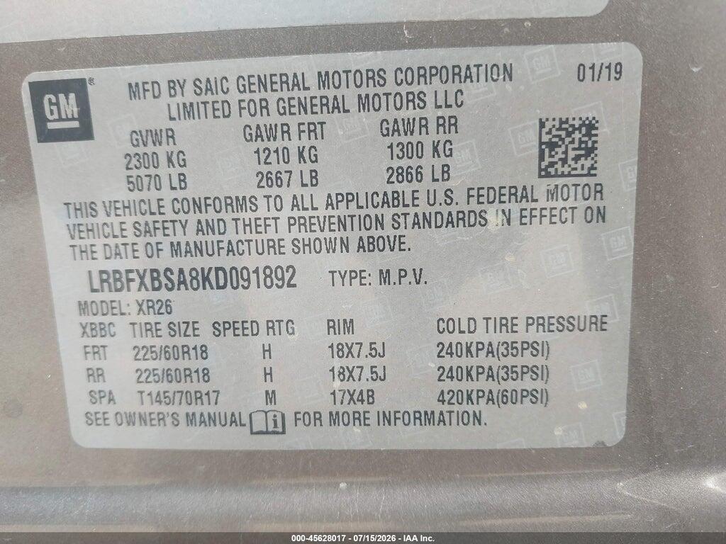 LRBFXBSA8KD091892 2019 BUICK ENVISION photo no. 9