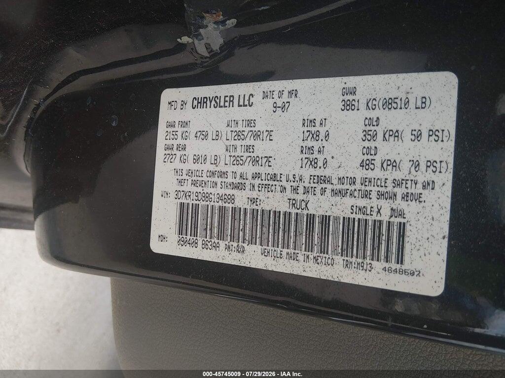 3D7KR19D98G134688 2008 DODGE RAM 1500 photo no. 9
