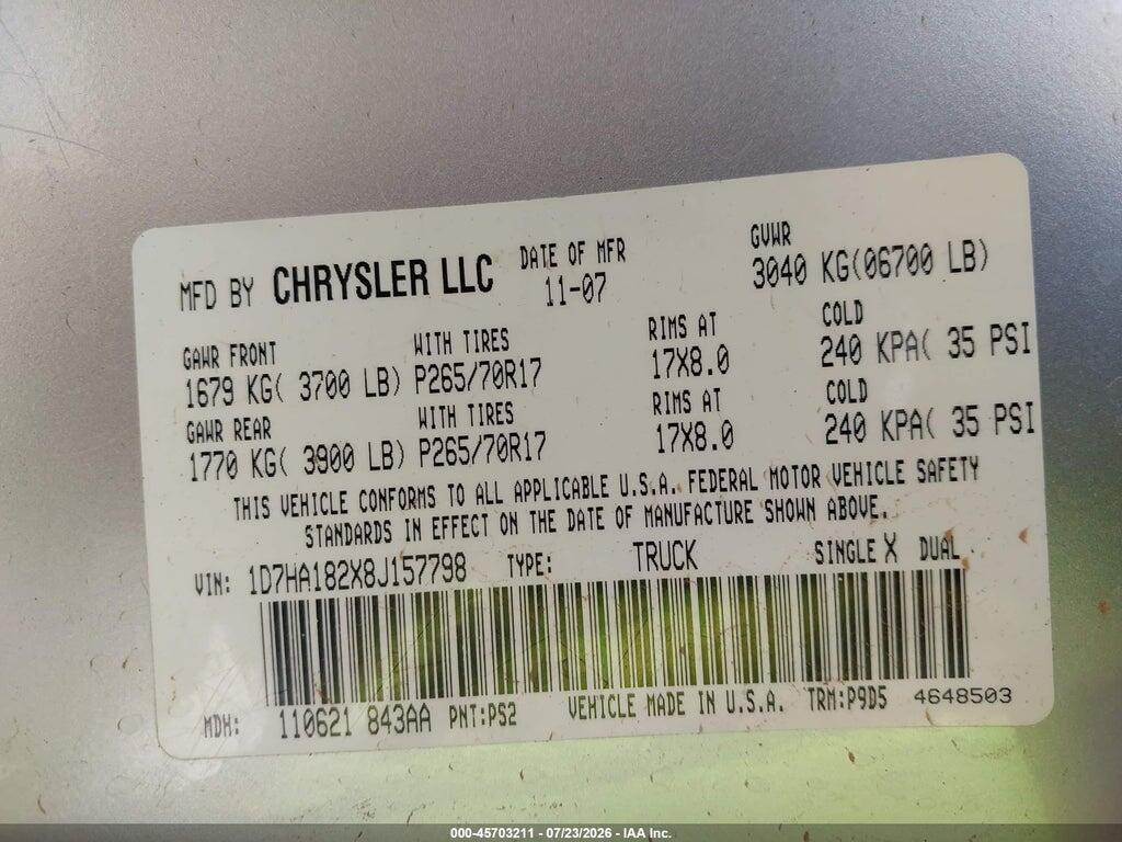 1D7HA182X8J157798 2008 DODGE RAM 1500 photo no. 9