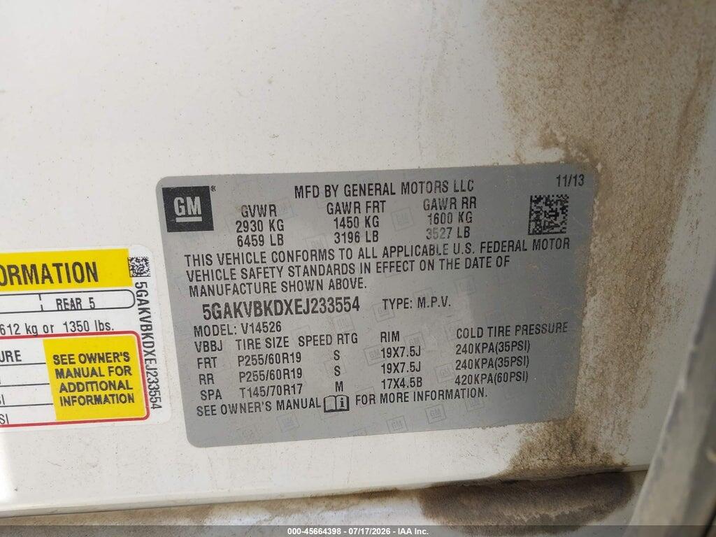 5GAKVBKDXEJ233554 2014 BUICK ENCLAVE photo no. 9