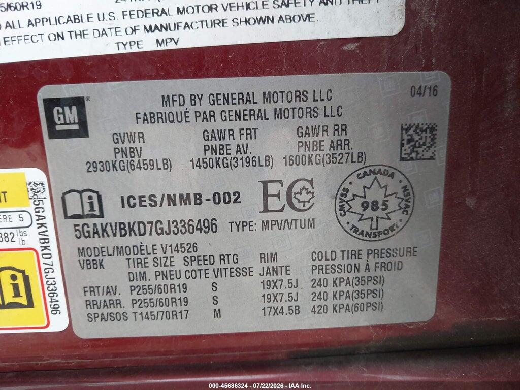 5GAKVBKD7GJ336496 2016 BUICK ENCLAVE photo no. 9
