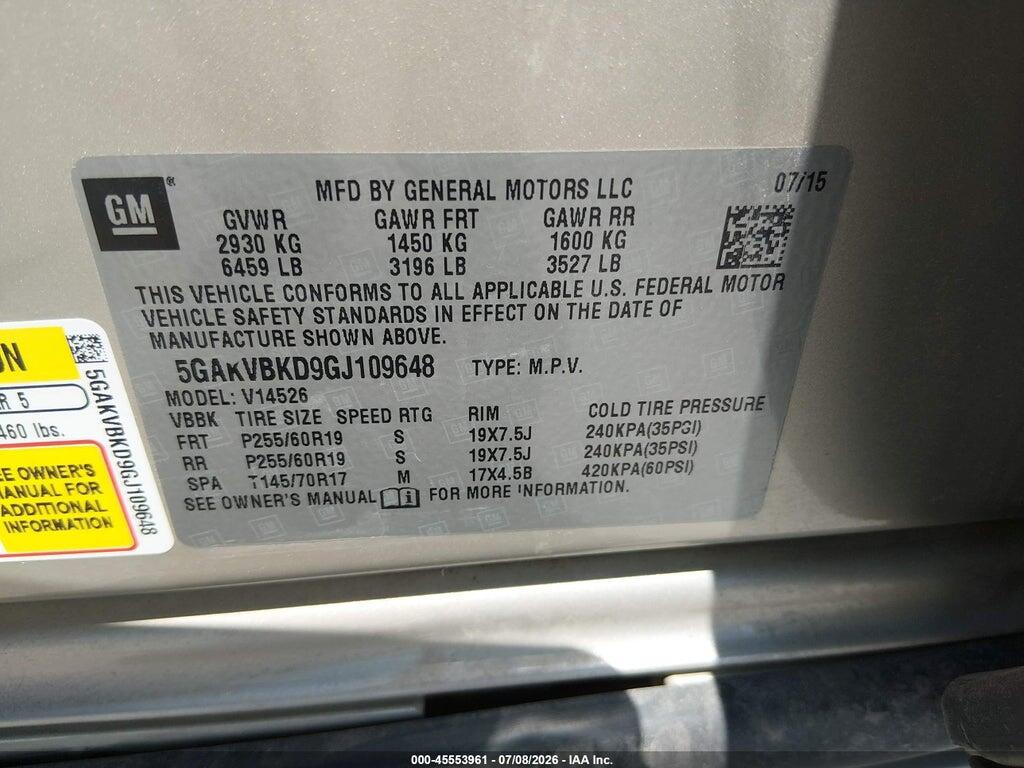 5GAKVBKD9GJ109648 2016 BUICK ENCLAVE photo no. 9
