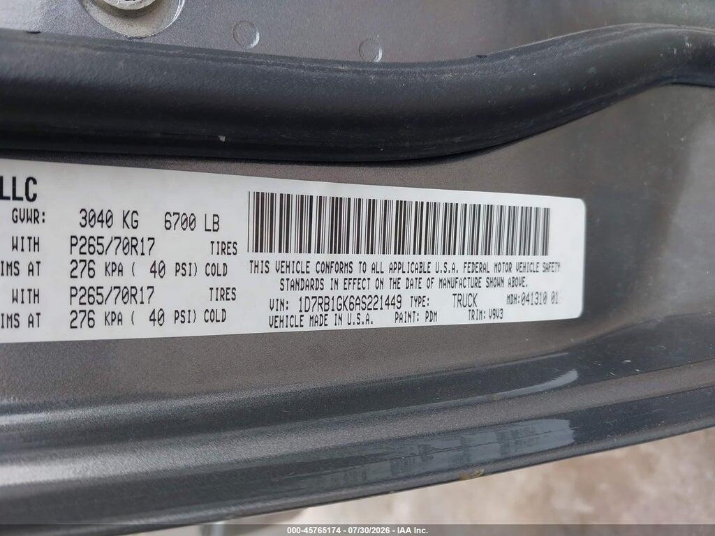 1D7RB1GK6AS221449 2010 DODGE RAM 1500 photo no. 9