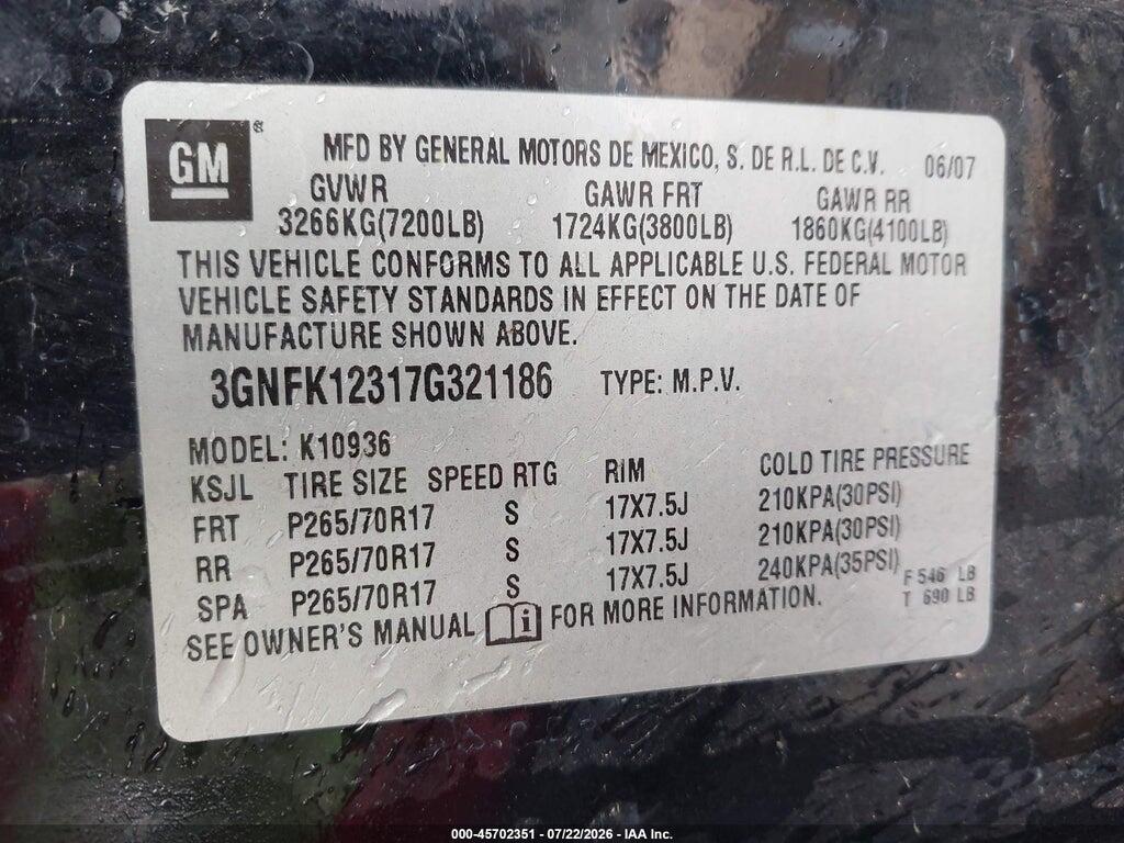 3GNFK12317G321186 2007 CHEVROLET AVALANCHE 1500 photo no. 9