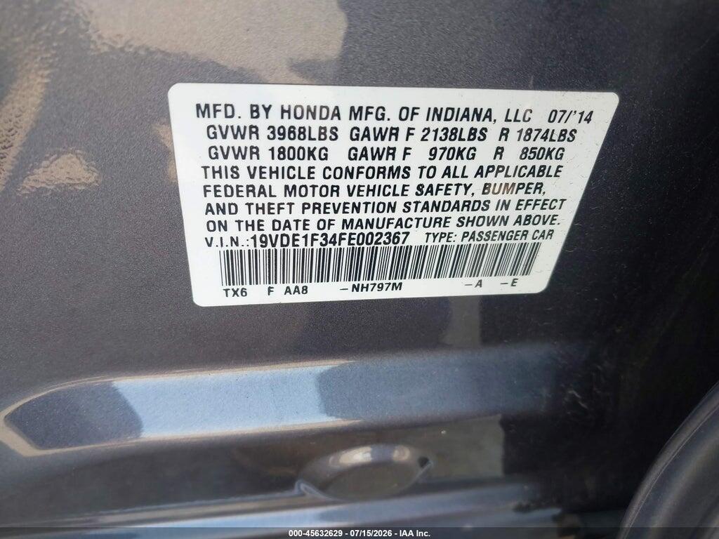 19VDE1F34FE002367 2015 ACURA ILX photo no. 9
