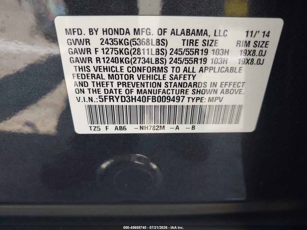 5FRYD3H40FB009497 2015 ACURA MDX photo no. 9