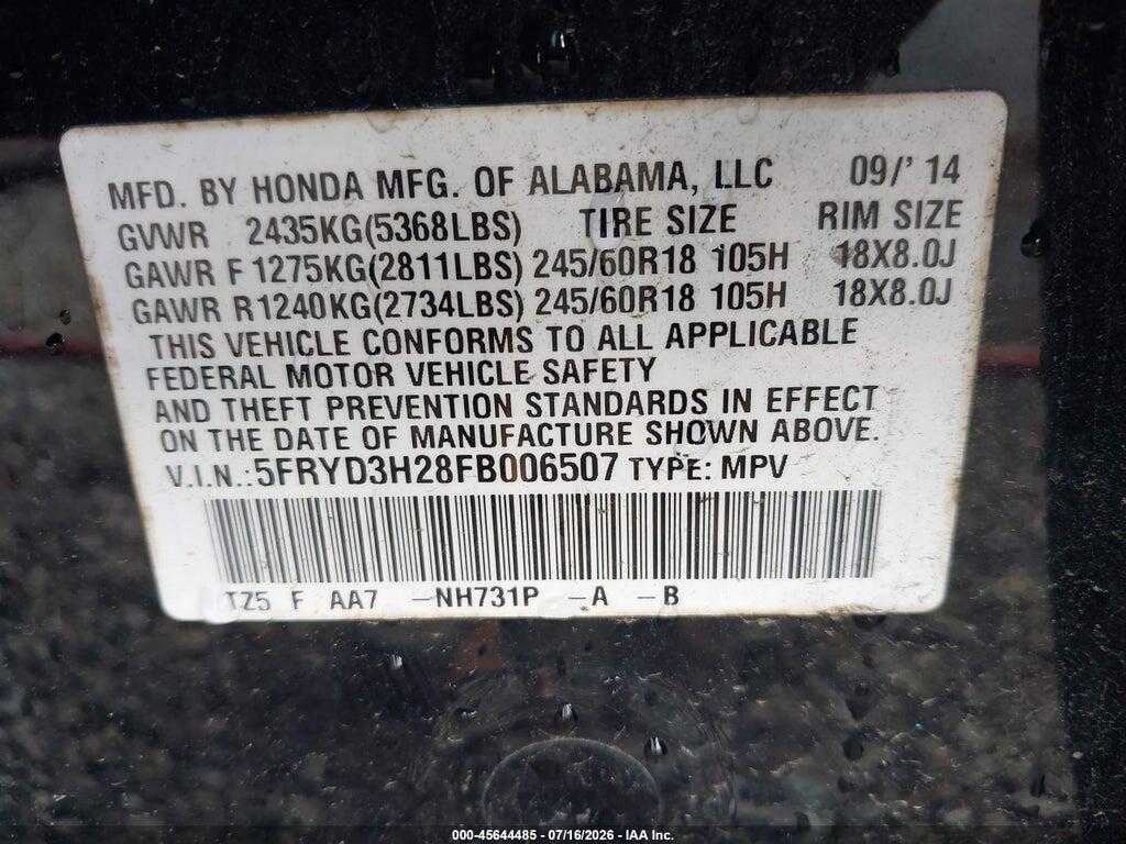 5FRYD3H28FB006507 2015 ACURA MDX photo no. 9