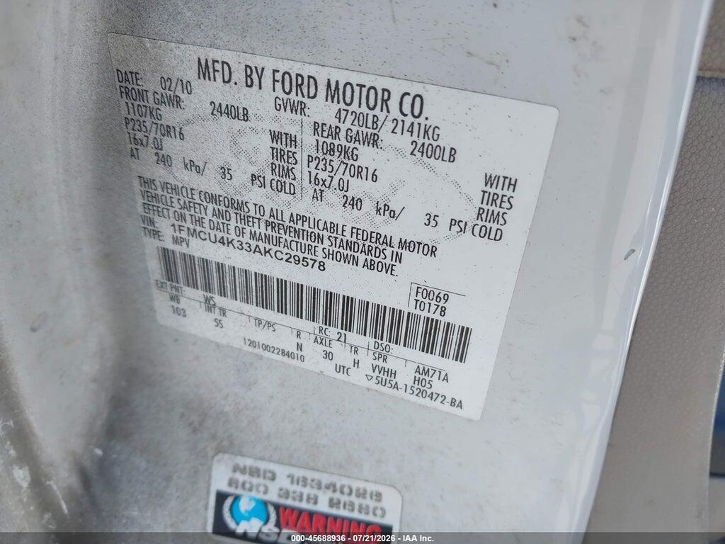 1FMCU4K33AKC29578 2010 FORD ESCAPE HYBRID photo no. 9