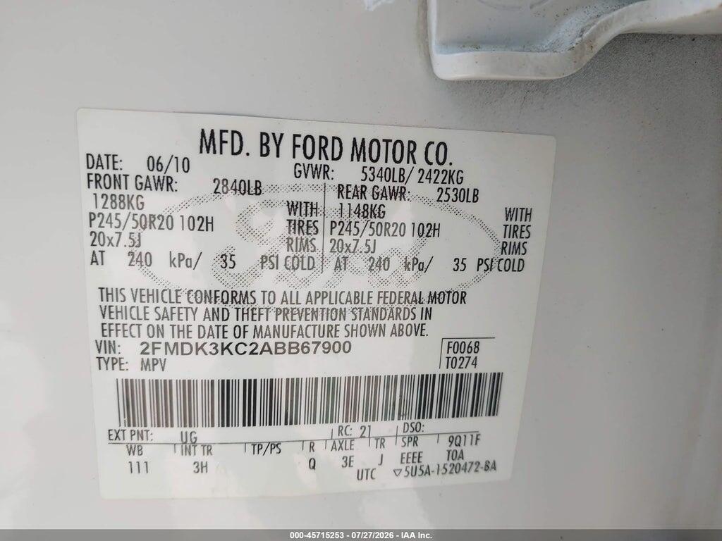 2FMDK3KC2ABB67900 2010 FORD EDGE photo no. 9