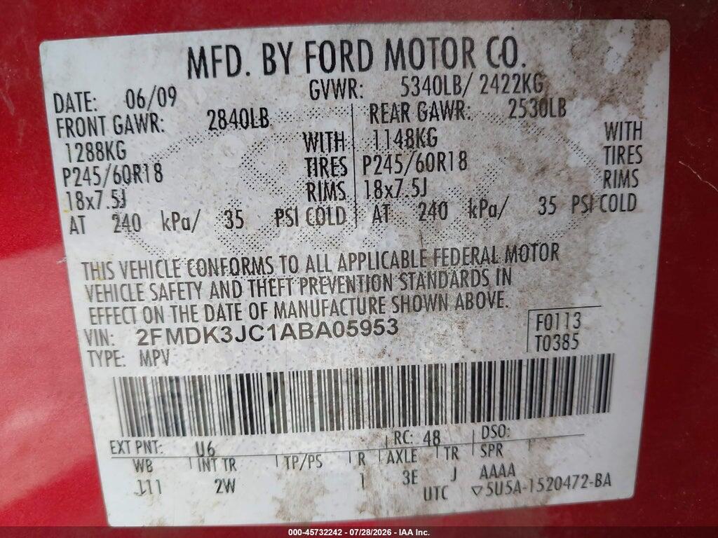 2FMDK3JC1ABA05953 2010 FORD EDGE photo no. 9