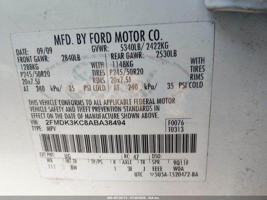2FMDK3KC8ABA38494 2010 FORD EDGE photo no. 9