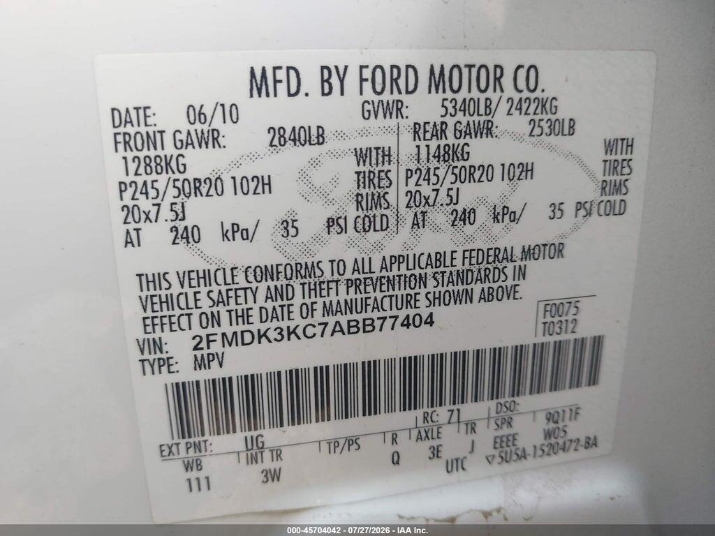 2FMDK3KC7ABB77404 2010 FORD EDGE photo no. 9
