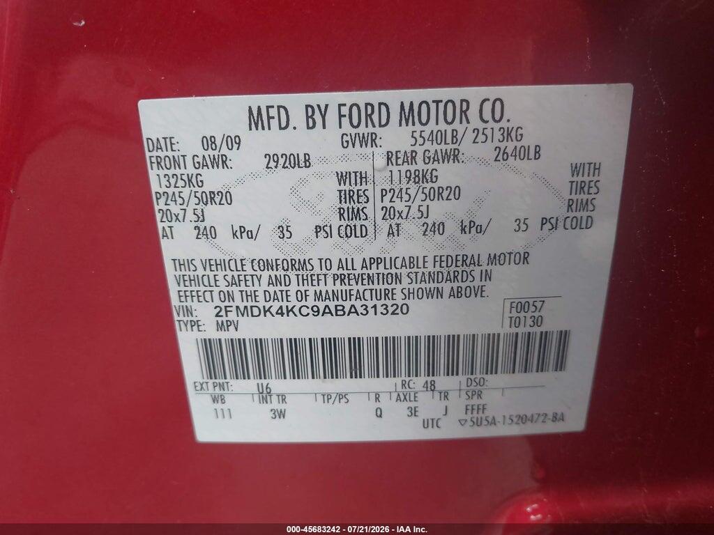 2FMDK4KC9ABA31320 2010 FORD EDGE photo no. 9