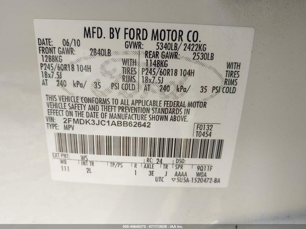 2FMDK3JC1ABB62642 2010 FORD EDGE photo no. 9