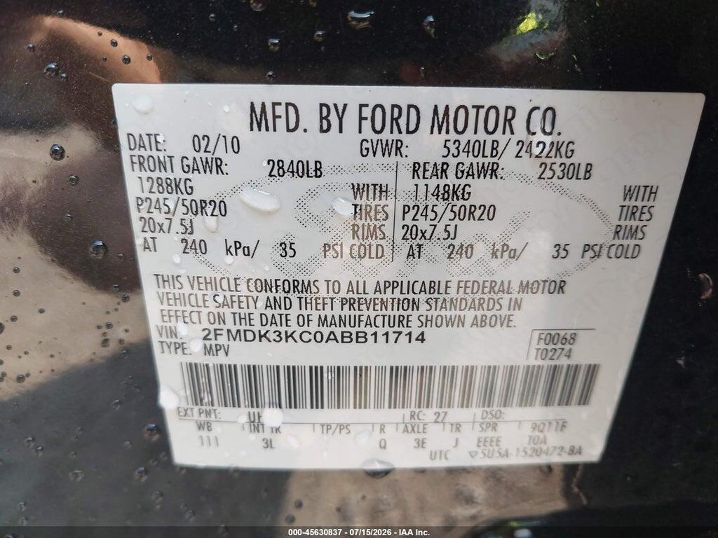 2FMDK3KC0ABB11714 2010 FORD EDGE photo no. 9