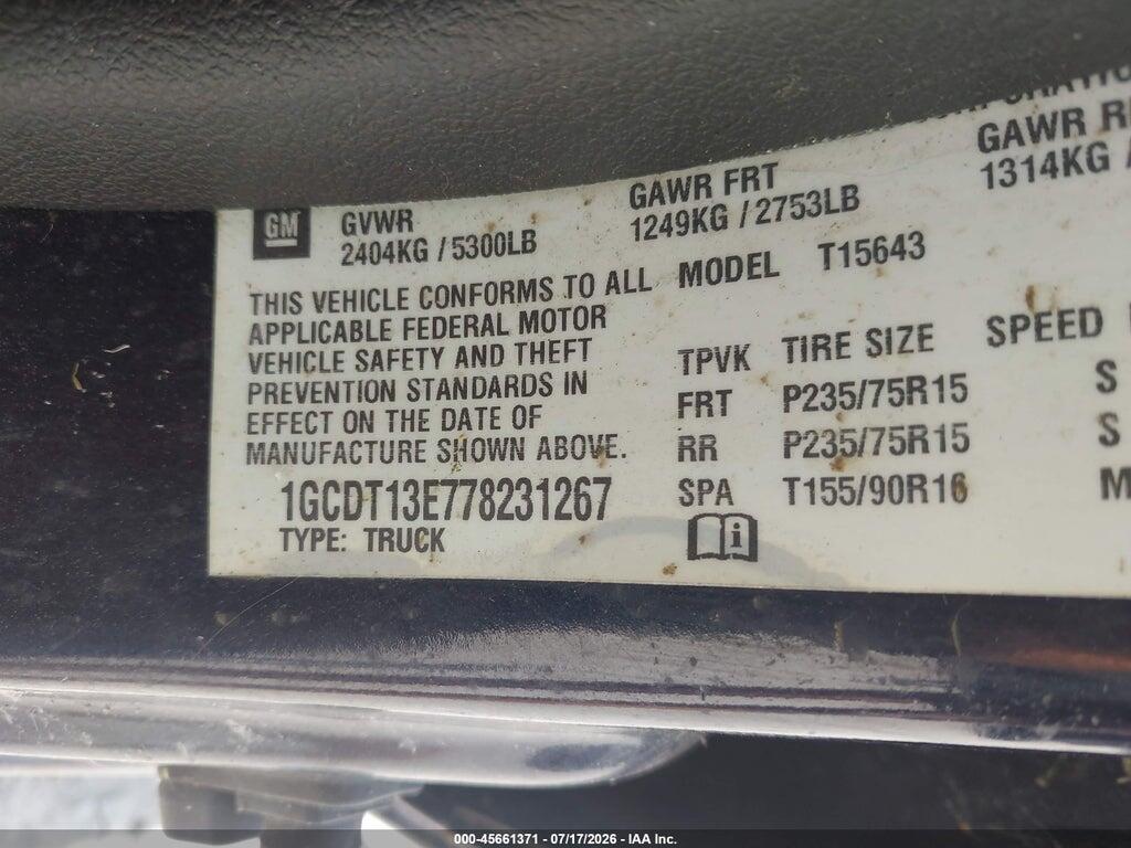 1GCDT13E778231267 2007 CHEVROLET COLORADO photo no. 9