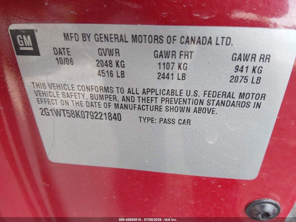 2G1WT58K079221840 2007 CHEVROLET IMPALA photo no. 9