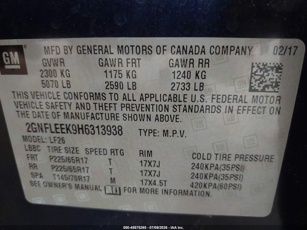 2GNFLEEK9H6313938 2017 CHEVROLET EQUINOX photo no. 9