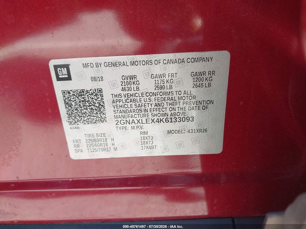 2GNAXLEX4K6133093 2019 CHEVROLET EQUINOX photo no. 9