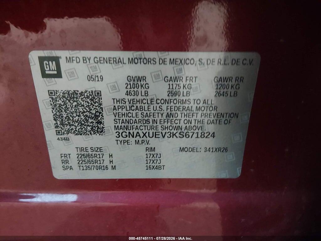 3GNAXUEV3KS671824 2019 CHEVROLET EQUINOX photo no. 9