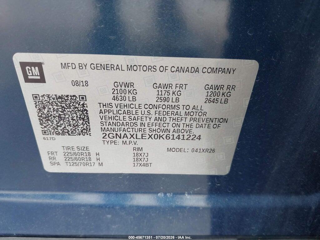 2GNAXLEX0K6141224 2019 CHEVROLET EQUINOX photo no. 9