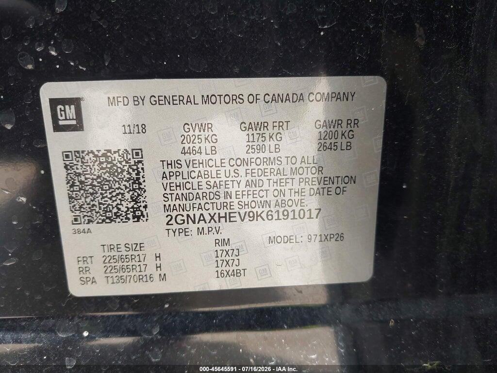2GNAXHEV9K6191017 2019 CHEVROLET EQUINOX photo no. 9