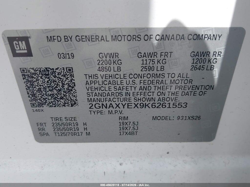 2GNAXYEX9K6261553 2019 CHEVROLET EQUINOX photo no. 9