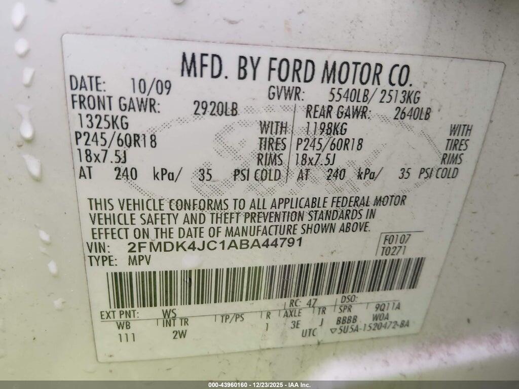 2FMDK4JC1ABA44791 2010 FORD EDGE photo no. 9