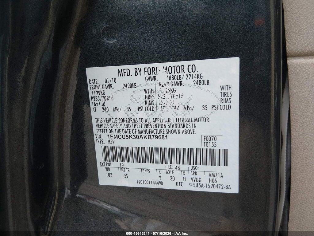 1FMCU5K30AKB79681 2010 FORD ESCAPE HYBRID photo no. 9