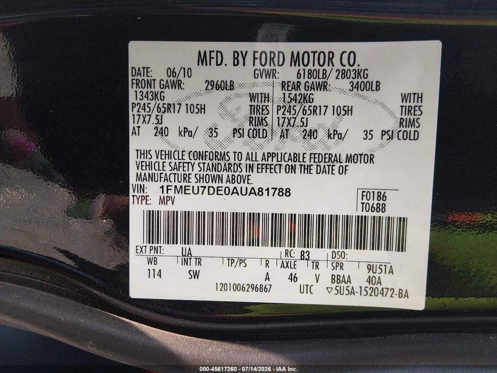 1FMEU7DE0AUA81788 2010 FORD EXPLORER photo no. 9