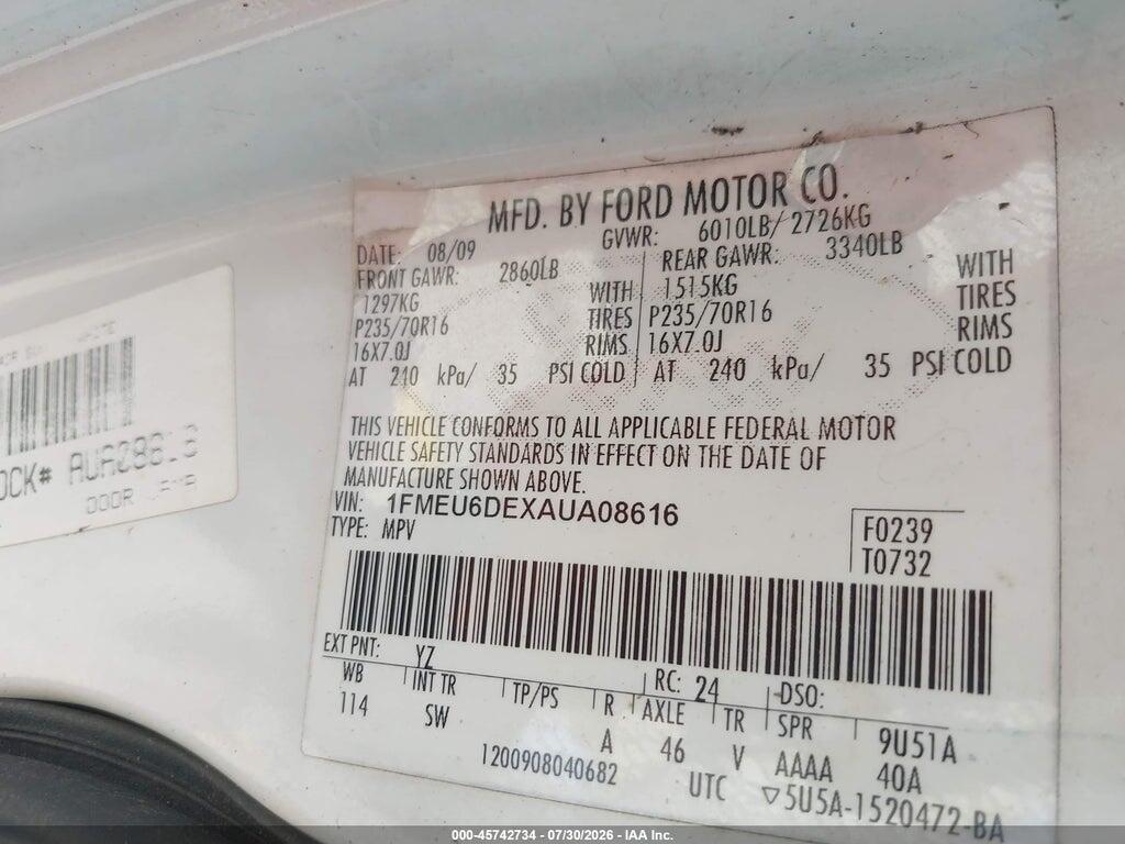 1FMEU6DEXAUA08616 2010 FORD EXPLORER photo no. 9
