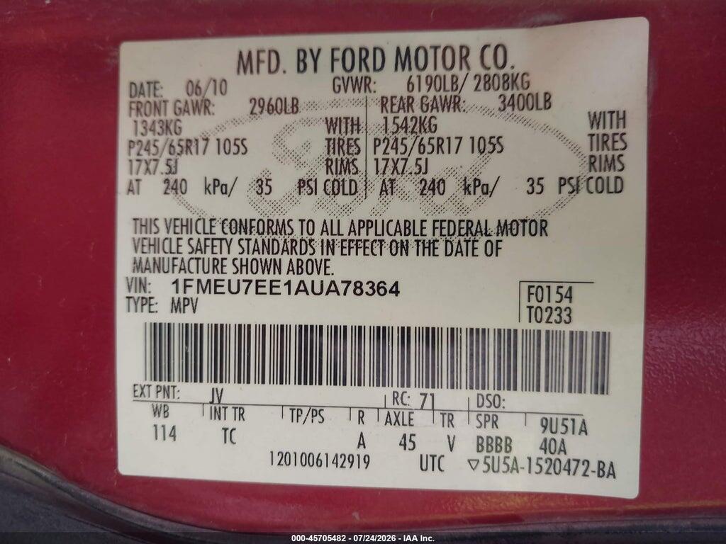 1FMEU7EE1AUA78364 2010 FORD EXPLORER photo no. 9