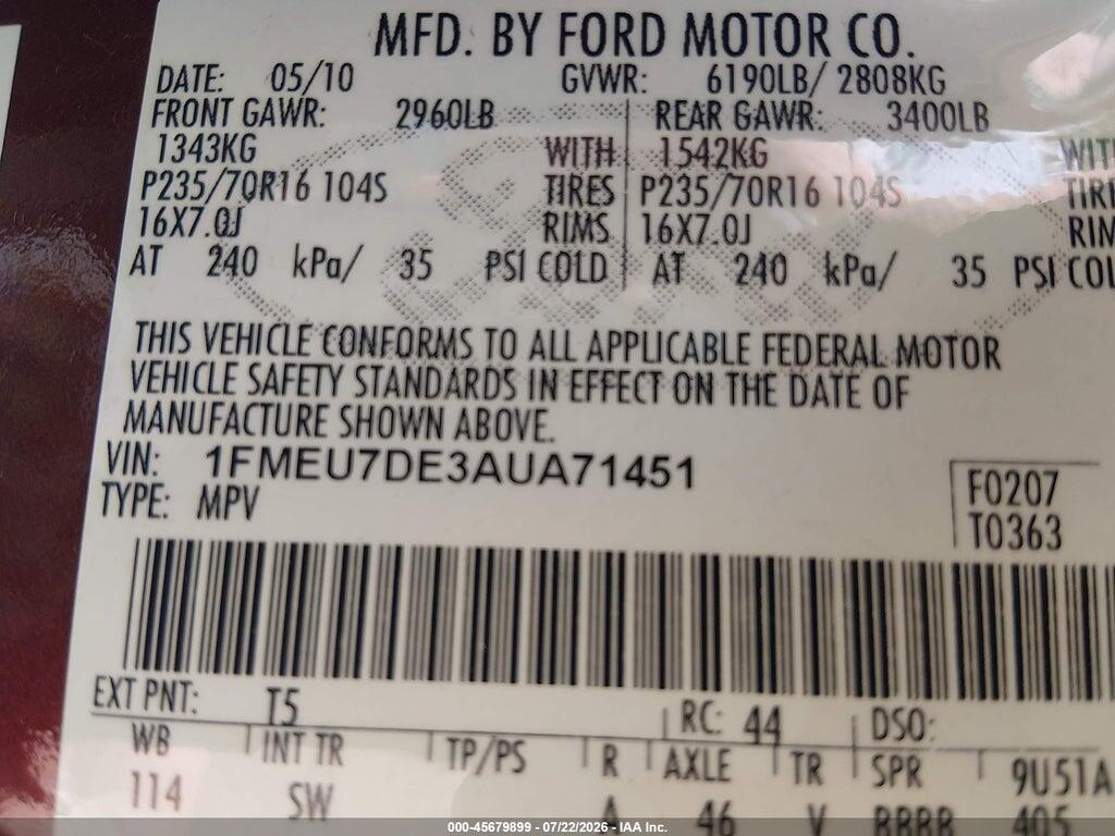 1FMEU7DE3AUA71451 2010 FORD EXPLORER photo no. 9
