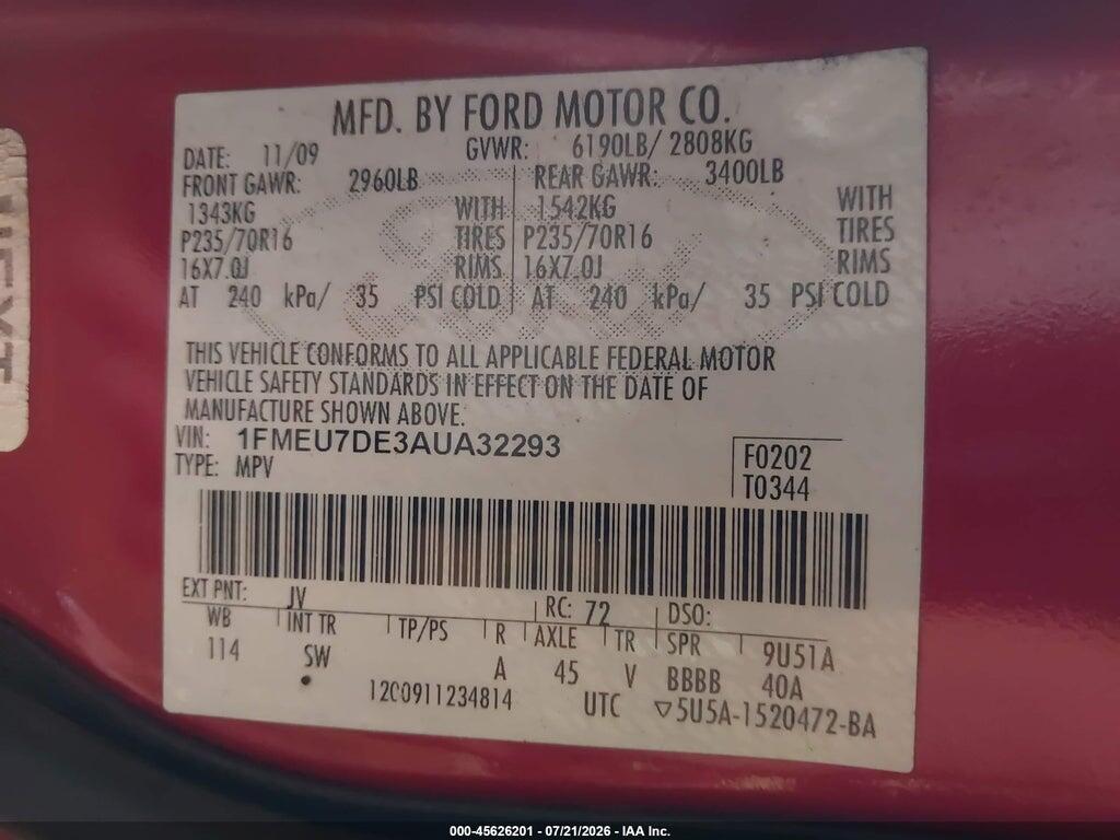 1FMEU7DE3AUA32293 2010 FORD EXPLORER photo no. 9