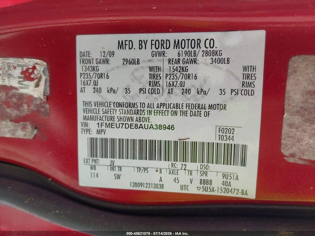 1FMEU7DE8AUA38946 2010 FORD EXPLORER photo no. 9