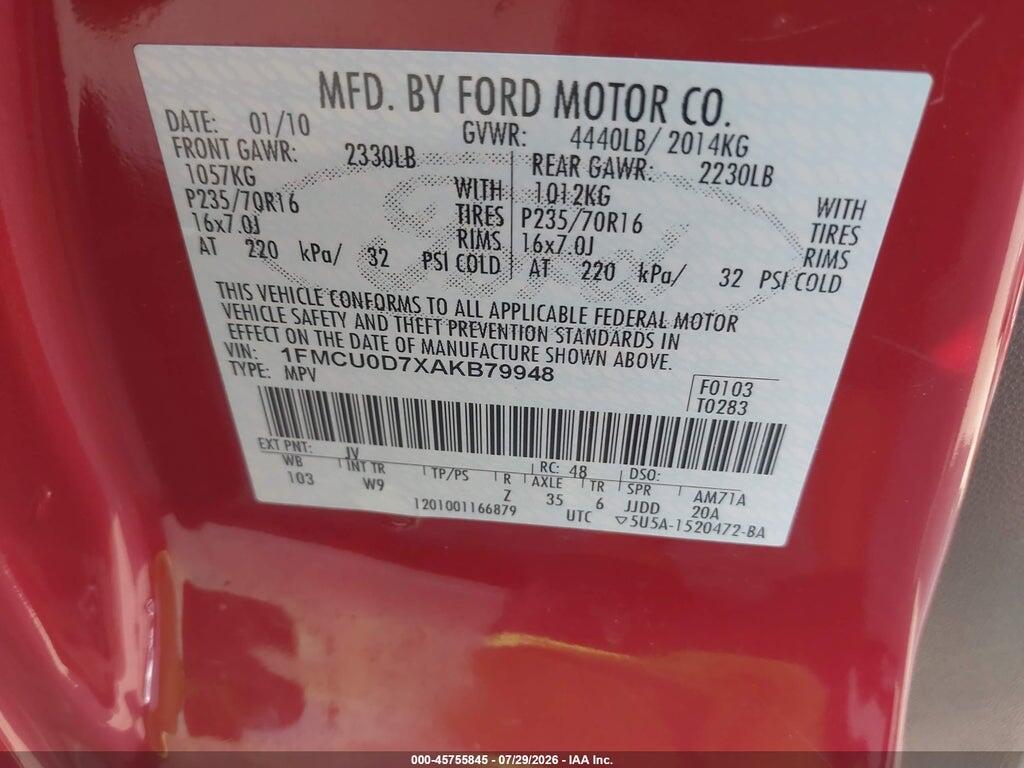 1FMCU0D7XAKB79948 2010 FORD ESCAPE photo no. 9